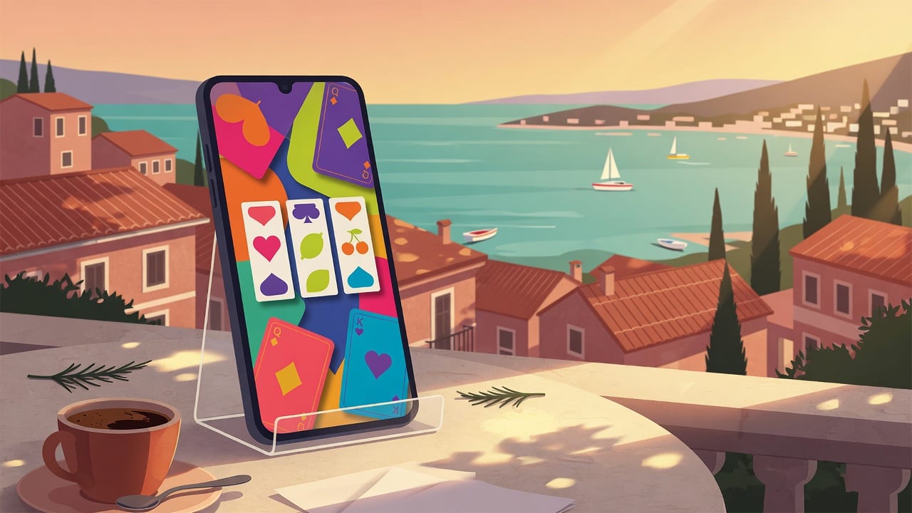 Mobitel na kamenoj terasi iznad jadranskog zaljeva s apstraktnim bubnjevima igre na zaslonu